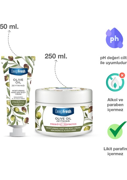 Prebiyotik Nemlendirici El ve Vücut Kremi Zeytinyağı 50 ml ve 250 ml