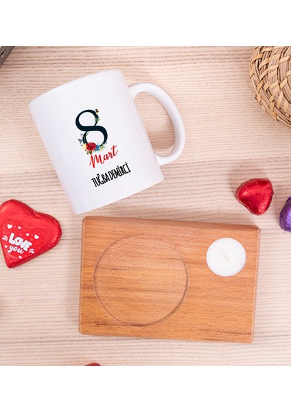 Kişiye Özel Kadınlar Gününe Özel Ahşap Altlıklı Mumlu Beyaz Kupa Bardak fiyatları