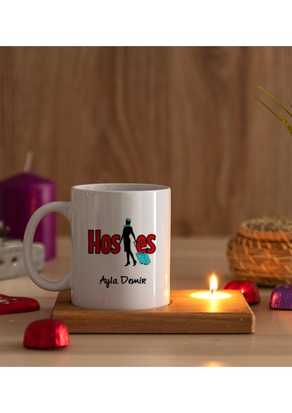 Kişiye Özel Hostes Ahşap Altlıklı Mumlu Beyaz Kupa Bardak modelleri