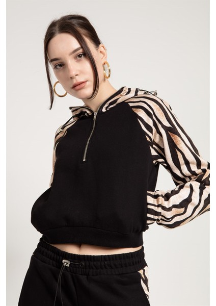 Zebra Desenli Siyah Kadın Sweatshirt