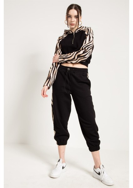Zebra Desenli Siyah Kadın Sweatshirt