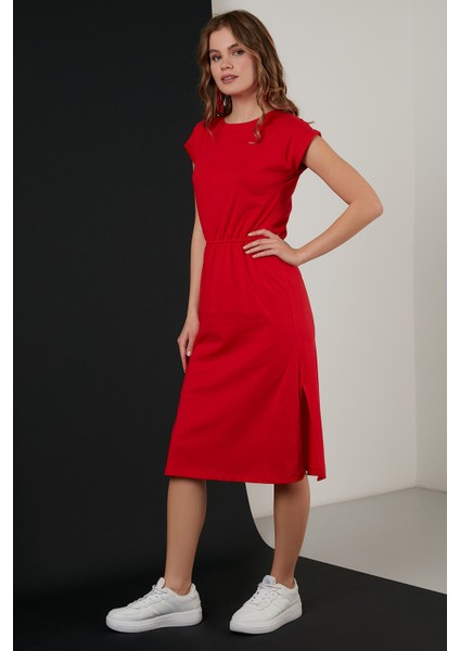 Pamuklu Kısa Kollu Çift Yırtmaçlı Midi Elbise Bayan Elbise 5864205