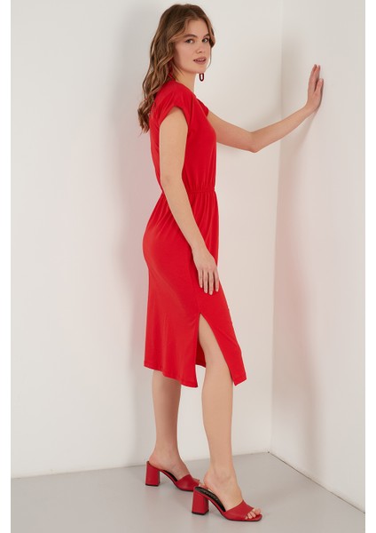 Pamuklu Kısa Kollu Çift Yırtmaçlı Midi Elbise Bayan Elbise 5864205 fiyatları