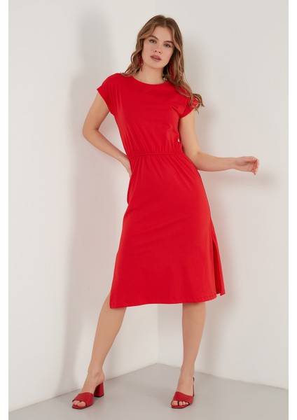Pamuklu Kısa Kollu Çift Yırtmaçlı Midi Elbise Bayan Elbise 5864205 modelleri