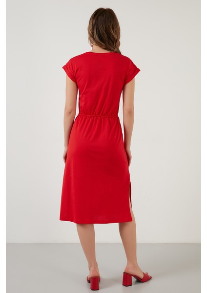 Pamuklu Kısa Kollu Çift Yırtmaçlı Midi Elbise Bayan Elbise 5864205 indirimleri