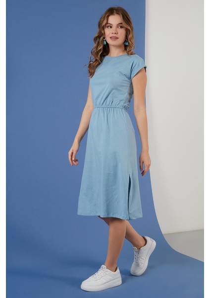 Pamuklu Kısa Kollu Çift Yırtmaçlı Midi Elbise Bayan Elbise 5864205