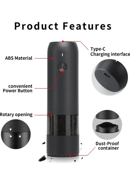Şarjlı Elektrikli Karabiber Değirmeni, USB Güç Kaynağı, Ayarlanabilir Kalınlık, Tek Elle Otomatik Çalışma A (Yurt Dışından)