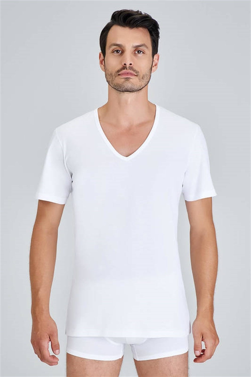 Kom Enrico V Yaka 2'li Erkek T-Shirt Kısa Kol Beyaz %100 Pamuklu Rahat Kesim görsel 5