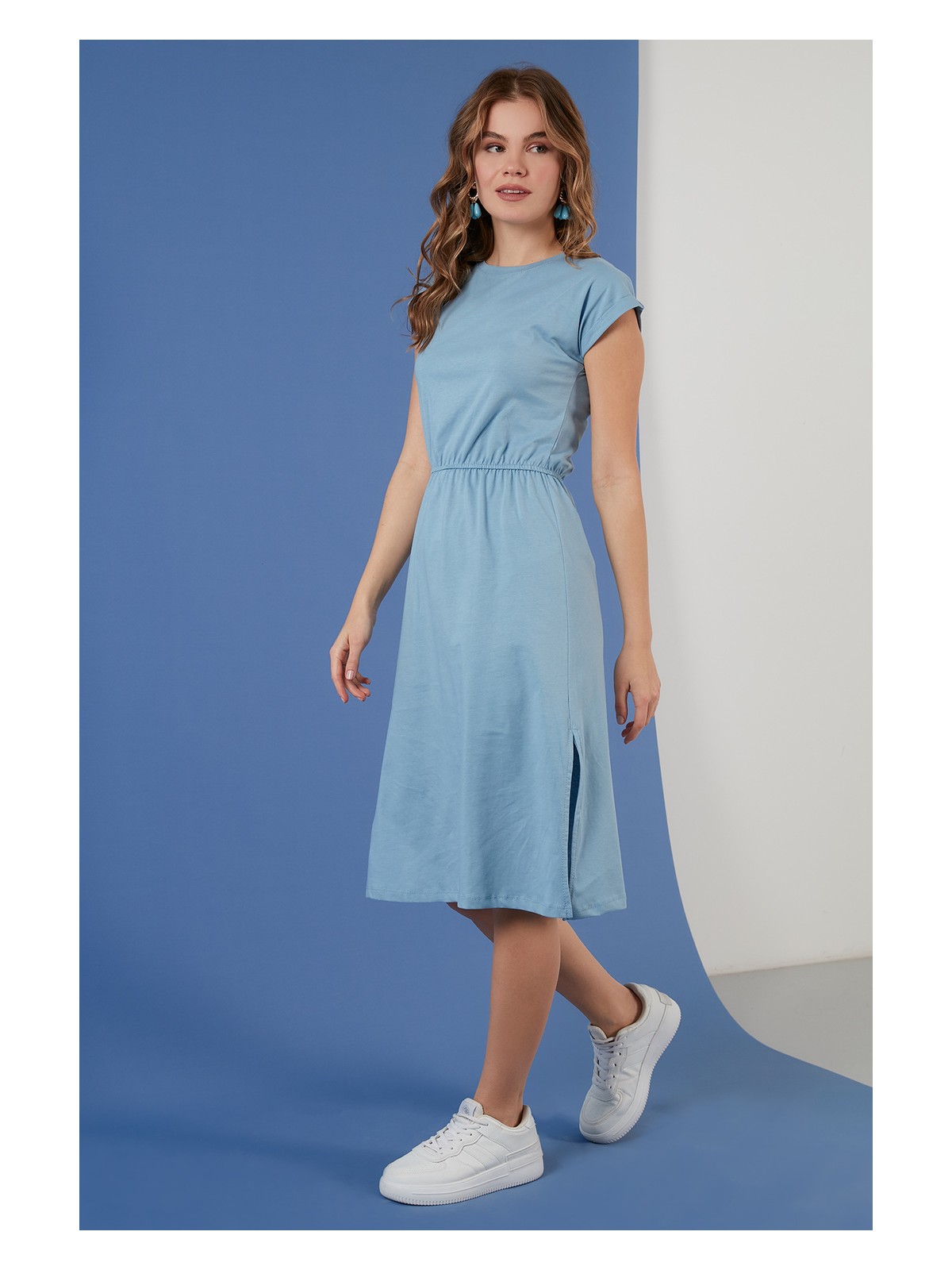 Lela Pamuklu Kısa Kollu Çift Yırtmaçlı Midi Elbise Bayan Elbise 5864205 - Görsel 4