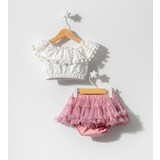 Kız Bebek Ponpon Yaka Bluz ve Fiyonk Detaylı Tütü Etek