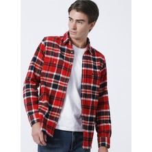 Lee Cooper 221 Lcm 2410033153 Dar Kalıp Ekose Kırmızı - Lacivert Erkek Gömlek