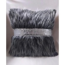 Yılmaz Home Peluş Şeritli Kırlent Kılıfı - (Antrasit Peluş-Gümüş Şeritli)