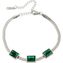 Çelik Italyan Zincir Üzerine Üçlü Baget Yeşil Taşlı Bileklik