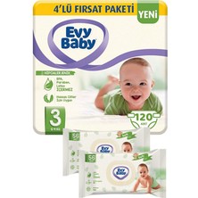 Evy Baby Bebek Bezi 3 Beden Midi 4'lü Fırsat Paketi 120 Adet ve Islak Havlu 2X56 Adet