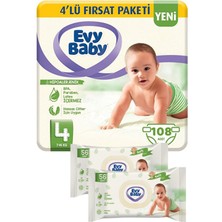 Evy Baby Bebek Bezi 4 Beden Maxi 4'lü Fırsat Paketi 108 Adet ve Islak Havlu 2X56 Adet