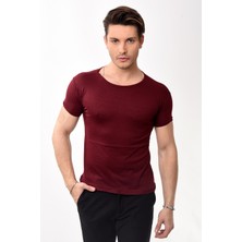 Erkek Slim Fit Basic Bisiklet Yaka Kısa Kollu T-Shirt Tişört Bordo