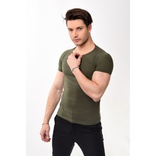 Erkek Slim Fit Basic Bisiklet Yaka Kısa Kollu T-Shirt Tişört Haki