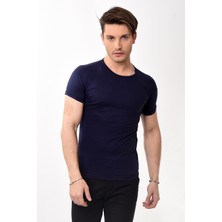 Erkek Slim Fit Basic Bisiklet Yaka Kısa Kollu T-Shirt Tişört Lacivert