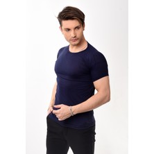 Erkek Slim Fit Basic Bisiklet Yaka Kısa Kollu T-Shirt Tişört Lacivert