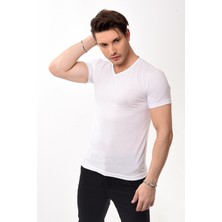 V Yaka Basic Slim Fit Erkek Tişört T-Shirt Beyaz