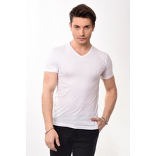 V Yaka Basic Slim Fit Erkek Tişört T-Shirt Beyaz