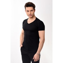 V Yaka Basic Slim Fit Erkek Tişört T-Shirt Siyah