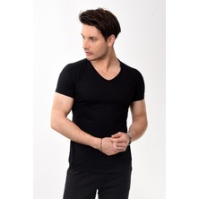 V Yaka Basic Slim Fit Erkek Tişört T-Shirt Siyah