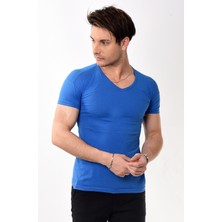 Belifanti Collection V Yaka Basic Slim Fit Erkek Tişört T-Shirt Saks Mavisi