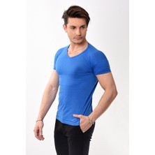 Belifanti Collection V Yaka Basic Slim Fit Erkek Tişört T-Shirt Saks Mavisi