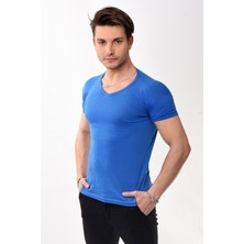 Belifanti Collection V Yaka Basic Slim Fit Erkek Tişört T-Shirt Saks Mavisi
