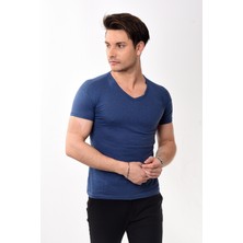 V Yaka Basic Slim Fit Erkek Tişört T-Shirt Lacivert