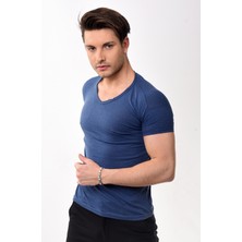 V Yaka Basic Slim Fit Erkek Tişört T-Shirt Lacivert