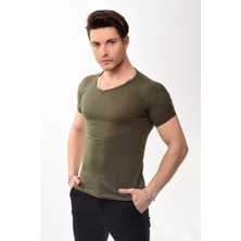 V Yaka Basic Slim Fit Erkek Tişört T-Shirt Haki