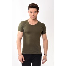 V Yaka Basic Slim Fit Erkek Tişört T-Shirt Haki