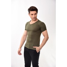 V Yaka Basic Slim Fit Erkek Tişört T-Shirt Haki