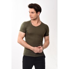 V Yaka Basic Slim Fit Erkek Tişört T-Shirt Haki