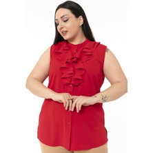 Disentis Modest Büyük Beden Yakası Iki Kat Volanlı Düğmeli Kolsuz Kırmızı Gömlek