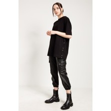 Jahr Marc Yanları Lastikli Oversize Siyah T-Shirt Elbise