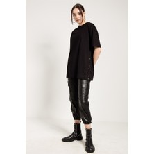Jahr Marc Yanları Lastikli Oversize Siyah T-Shirt Elbise