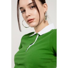 Jahr Marc Kısa Kollu Kontrast Polo Yaka Yeşil Kadın T-Shirt