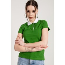 Jahr Marc Kısa Kollu Kontrast Polo Yaka Yeşil Kadın T-Shirt