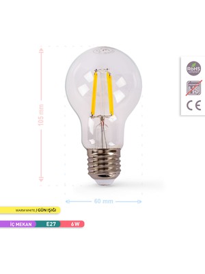 Ack A60 Flamanlı Led Ampul 3000K Gün Işığı 630Lm 220-240V 6W E27