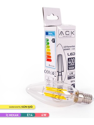 Ack C35 Flamanlı Led Ampul 3000K Gün Işığı Rustik Mum Ampul 400Lm 220-240V 4W E14