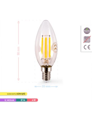 Ack C35 Flamanlı Led Ampul 3000K Gün Işığı Rustik Mum Ampul 400Lm 220-240V 4W E14