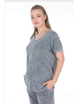 Mia Butik Büyük Beden Italyan Yıkamalı Gri Melek Kanadı Tshirt