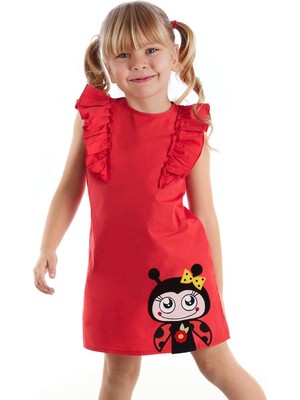 Denokids Kız Çocuk Fırfırlı Uç Uç Elbise Günlük Stil Kırmızı Renkli Rahat Kalıp