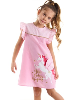 MSHB&G Kanatlı Unicorn Ekoseli Kız Çocuk Pembe Elbise