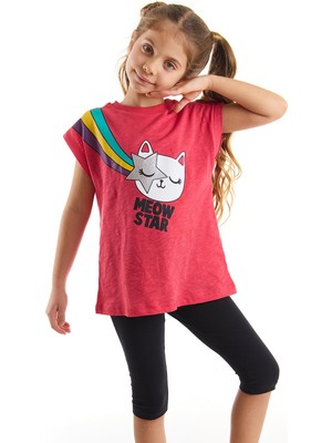 MSHB&G Yıldızlı Kedi Kız Çocuk T-shirt Siyah Tayt Takım
