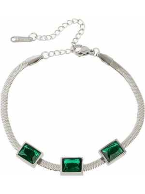 Çelik Italyan Zincir Üzerine Üçlü Baget Yeşil Taşlı Bileklik