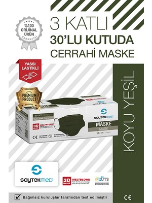 Saytekmed Meltblown Filtreli, Yassı Ipli, 3 Katlı Haki / Koyu Yeşil Cerrahi Maske (30 Adet/ 1 Kutu)
